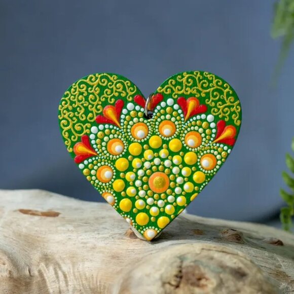 Heart Shaped Mandala Ornament Dot Art: Hand-Painted Acrylic Green Ornament - Picture 1 of 4